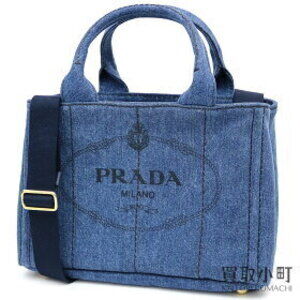 PRADA Denim Tote Bag Blue Silkscreen Logo Triangle Shoulder Canapa